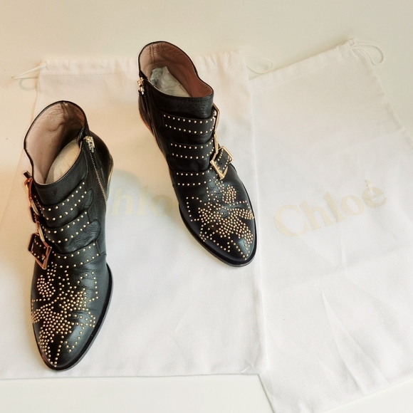 Chloé Women's Black Leather Susanna Pointed-Toe Studded Booties Boots Size 37 - Picture 12 of 16